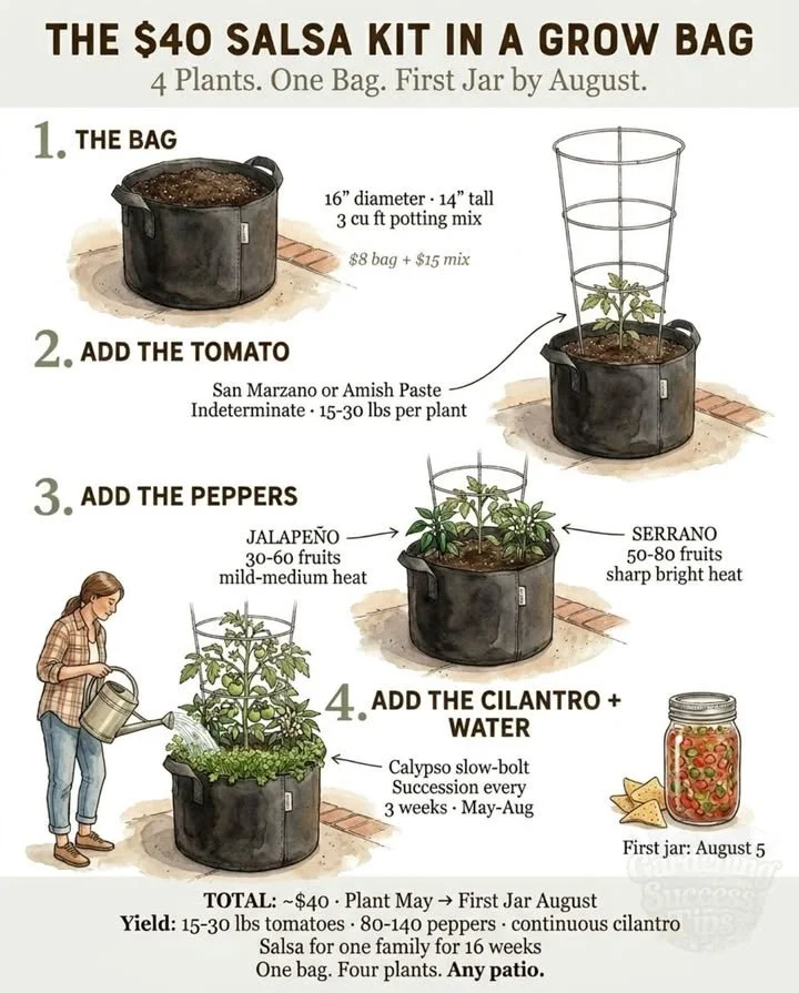 Patio grow bag garden featuring paste tomatoes, jalapeños, serranos, and cilantro.