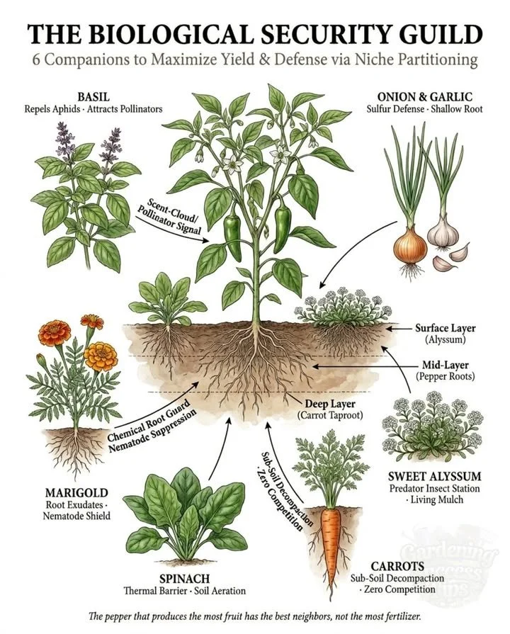 Pepper plants with companion plants providing root-zone shade.
