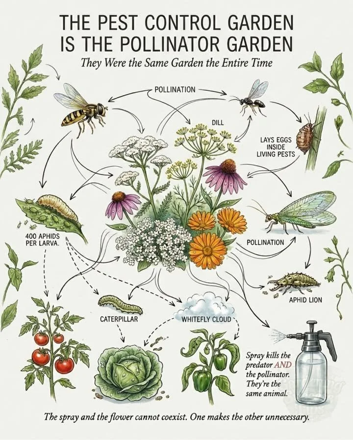 Gardener examining plants in a garden focusing on pest control and pollinator gardening.