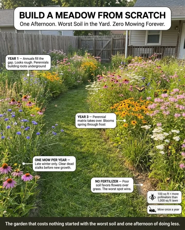 A vibrant meadow site showcasing various wildflowers thriving in poor yard soil.