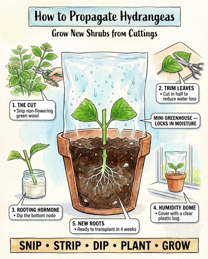 Propagate Hydrangeas from a Single Stem Cutting for Free 1 A guide to propagating hydrangeas using a single stem cutting.