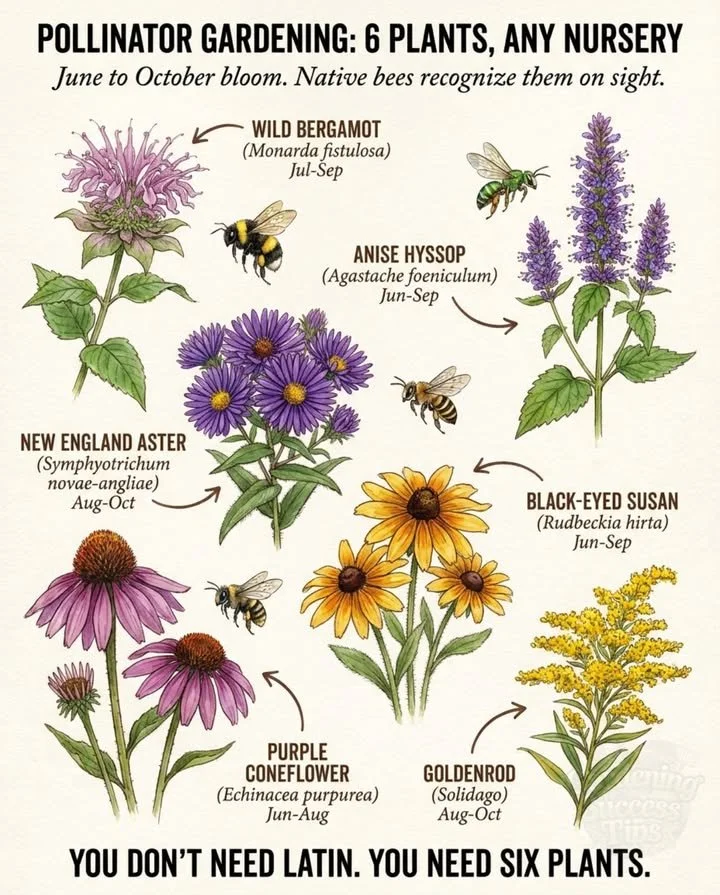 Pollinator garden featuring six native plants for Eastern and Central U.S.