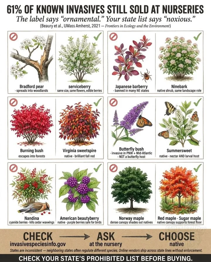 Six restricted ornamental plants displayed in a nursery across multiple states.