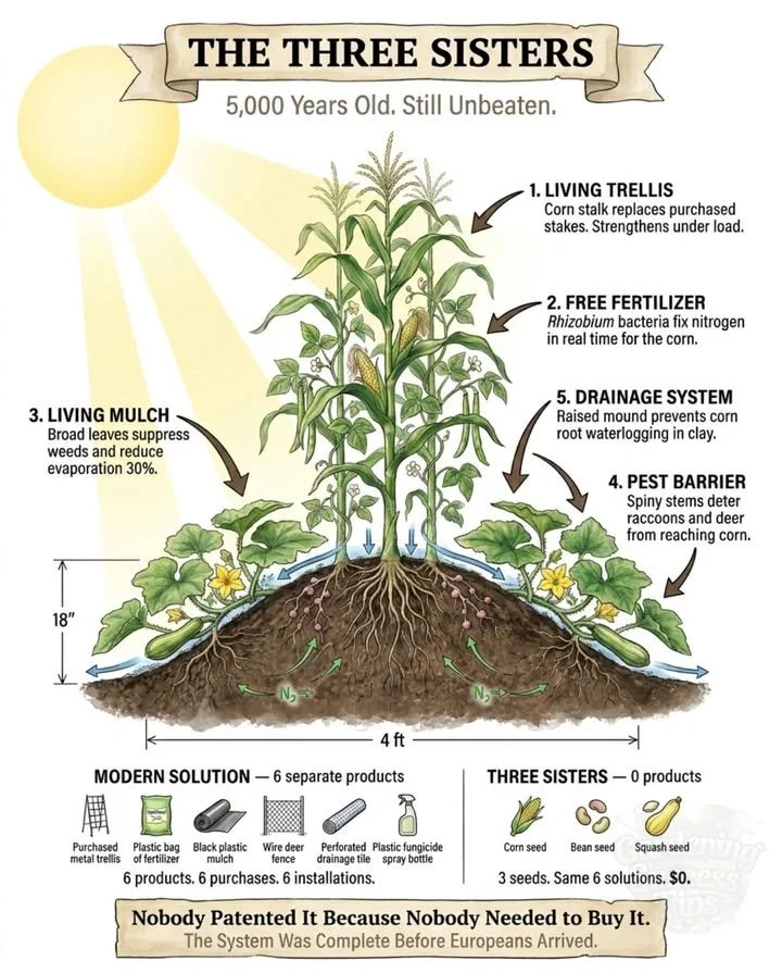 Three Sisters Garden showcasing corn, beans, and squash growing together in harmony