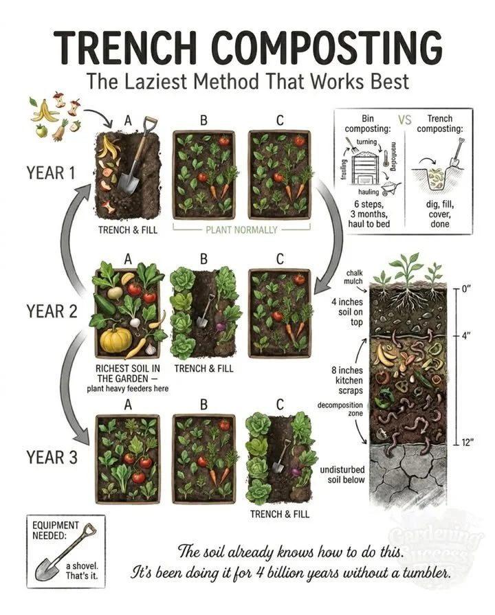 Trench composting process with kitchen scraps in soil for gardening