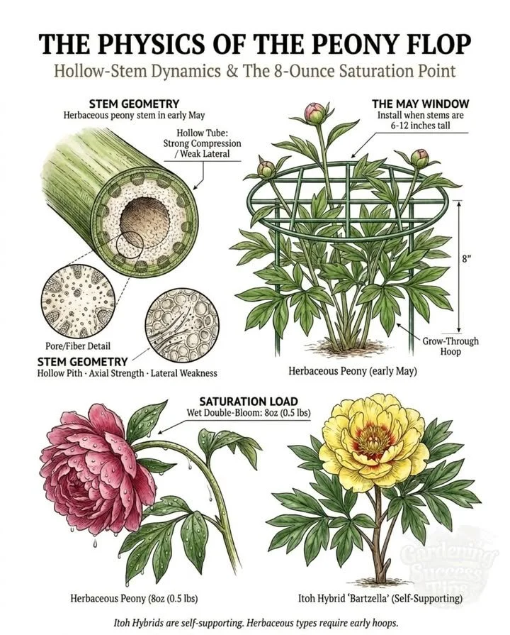 Support for peonies to prevent collapse after rain, showcasing healthy blooms.