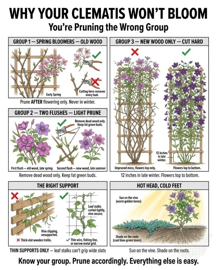 A gardener pruning clematis to promote healthy blooms and preserve buds.