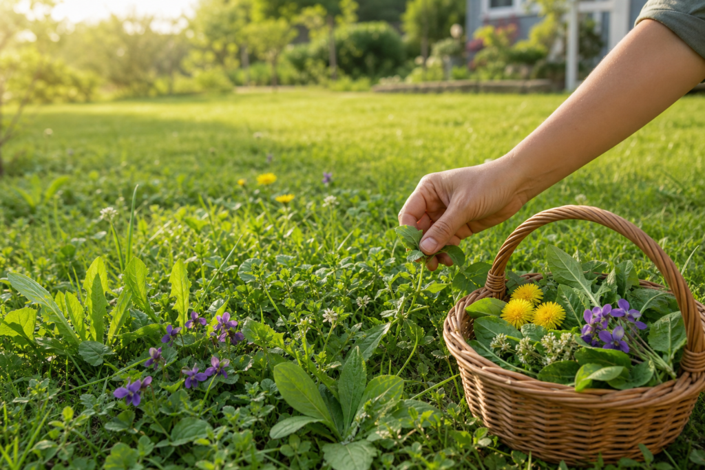 Basket of edible lawn plants harvested from a clean backyard lawn