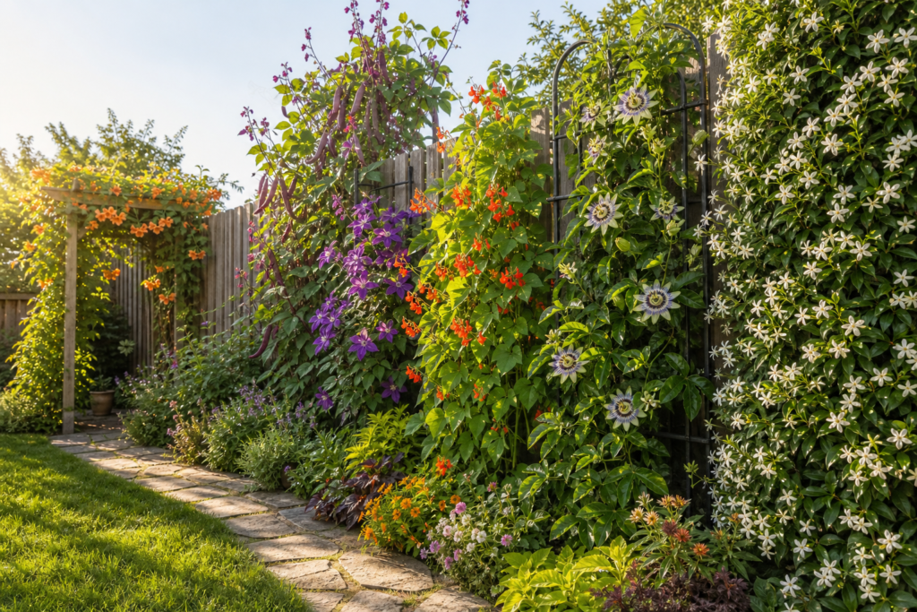 Fast growing climbers covering a garden fence and trellis by midsummer