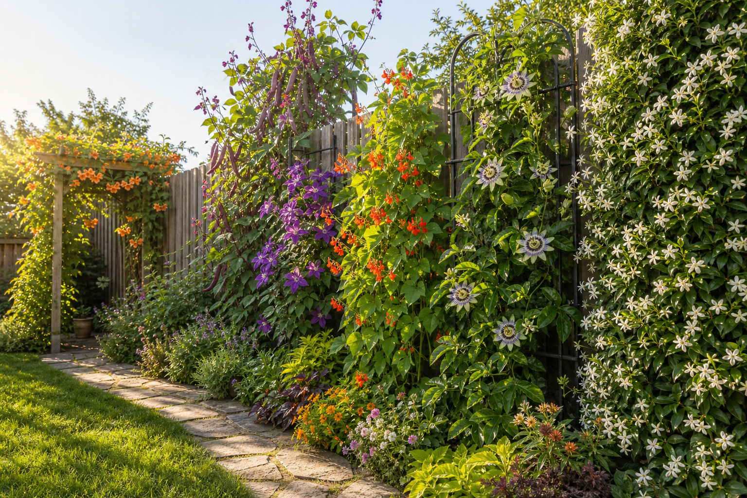 Fast growing climbers covering a garden fence and trellis by midsummer