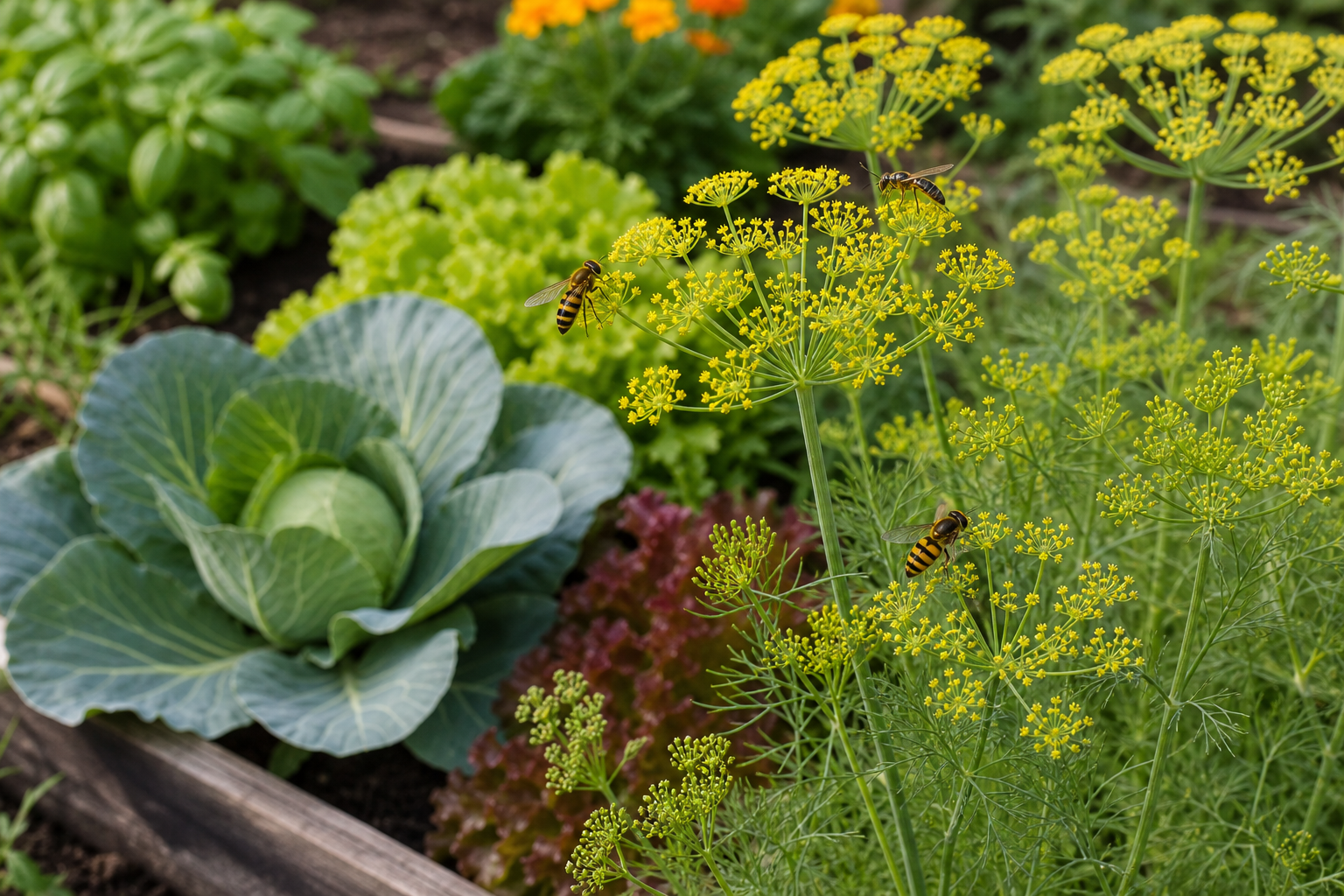 Flowering dill attracting hoverflies beside cabbage and lettuce in a vegetable garden