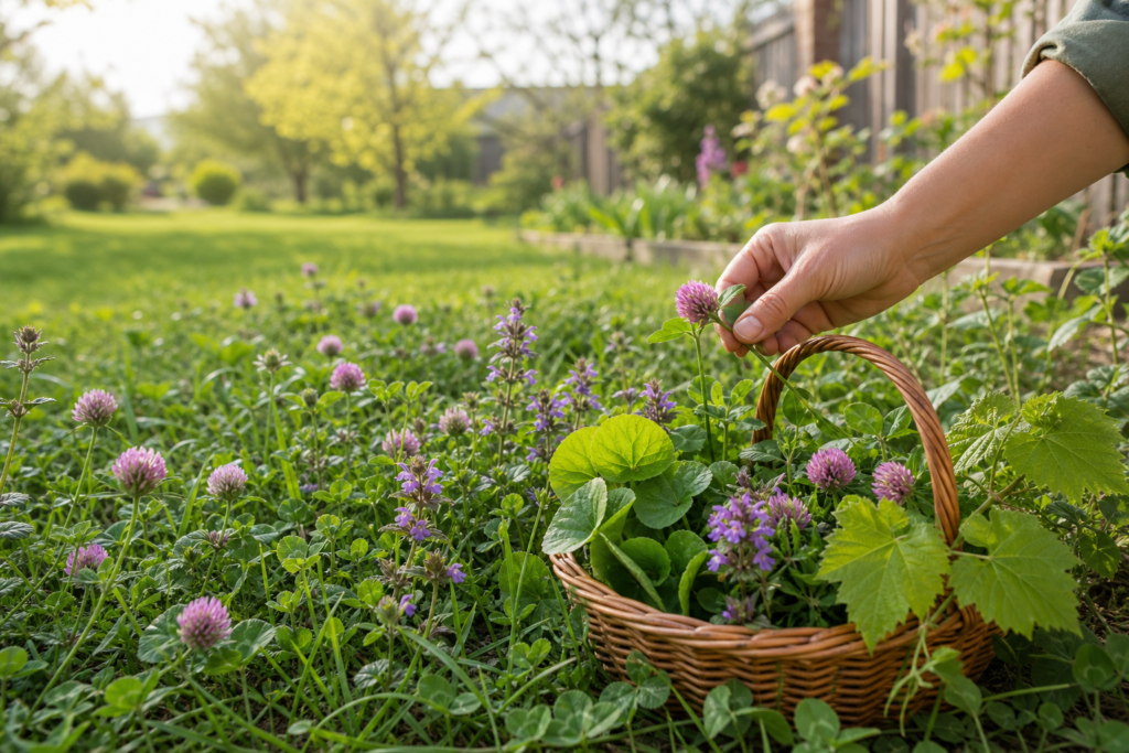 Basket of red clover henbit common mallow and wild grape leaves harvested from a clean lawn