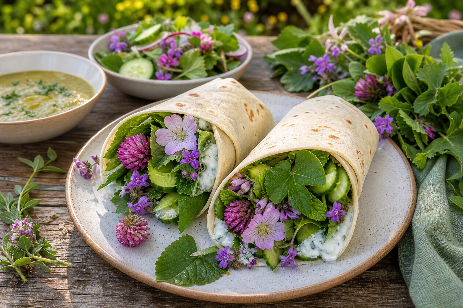 Fresh wraps salad and soup made with edible lawn greens and red clover flowers