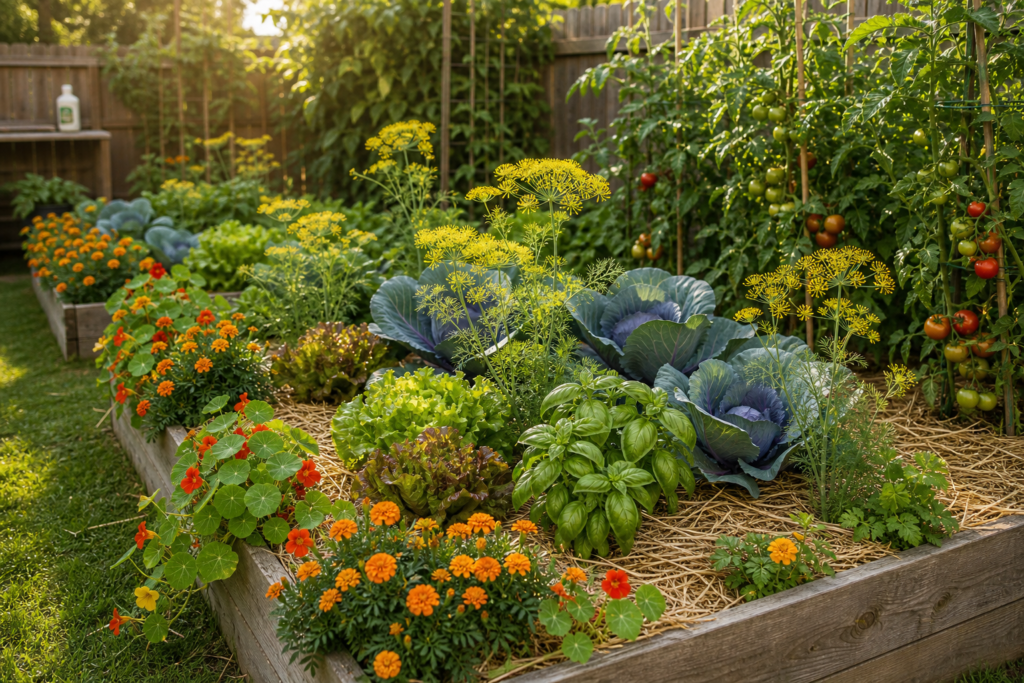 No spray vegetable garden with tomatoes cabbage lettuce marigolds nasturtiums flowering dill and straw mulch