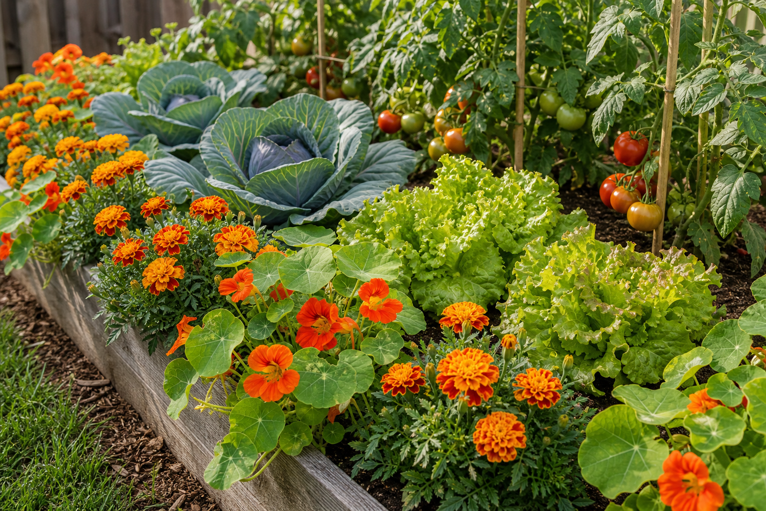 French marigolds and nasturtiums planted around tomatoes cabbage and lettuce for companion planting