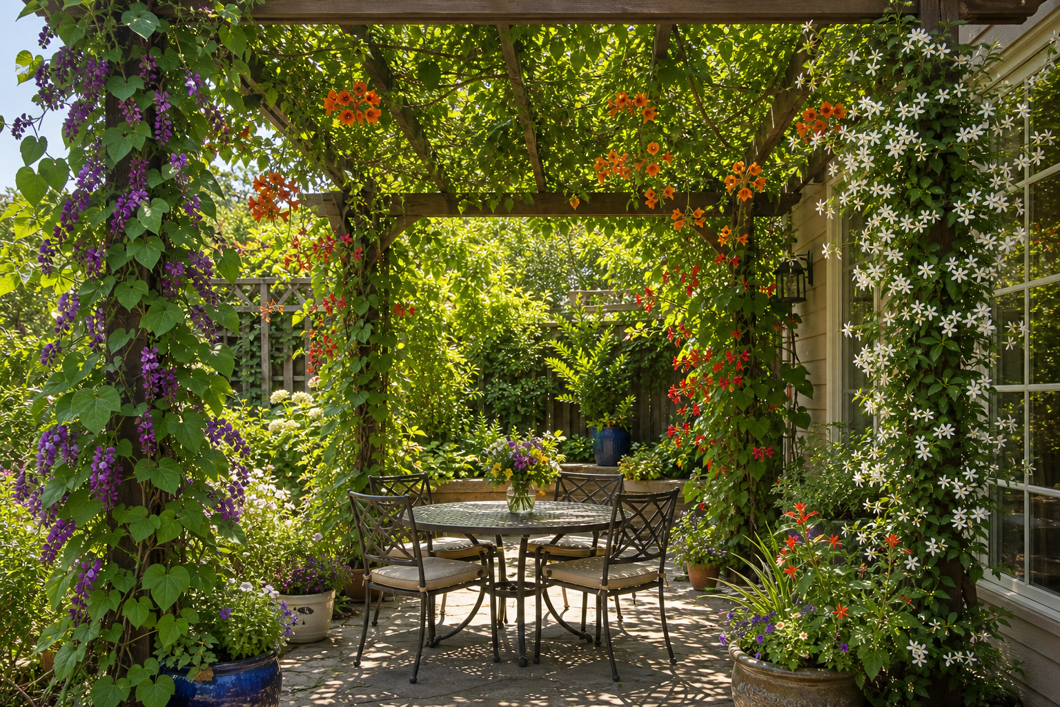 Pergola shaded by fast growing climbers with colorful summer flowers