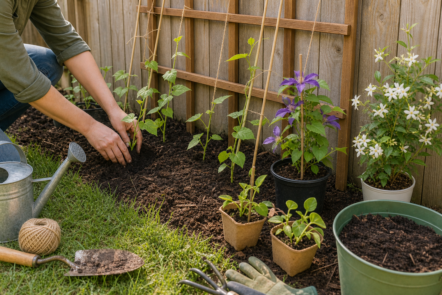 Planting young climbing vines in May beside a fence and trellis