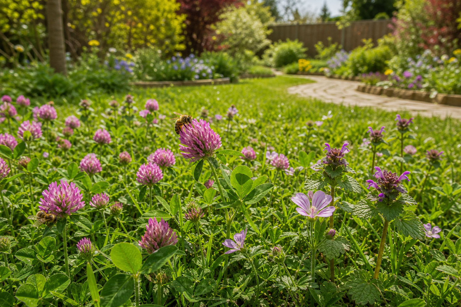 Pollinator friendly red clover lawn with bees visiting spring flowers