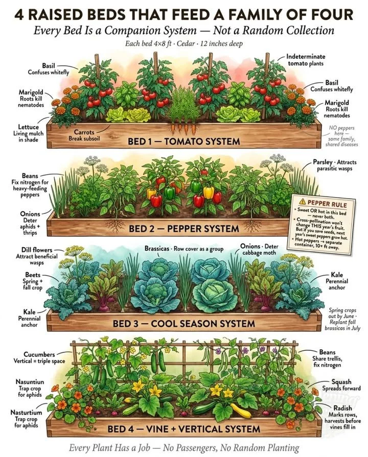 Staked tomatoes growing in a raised bed garden system.