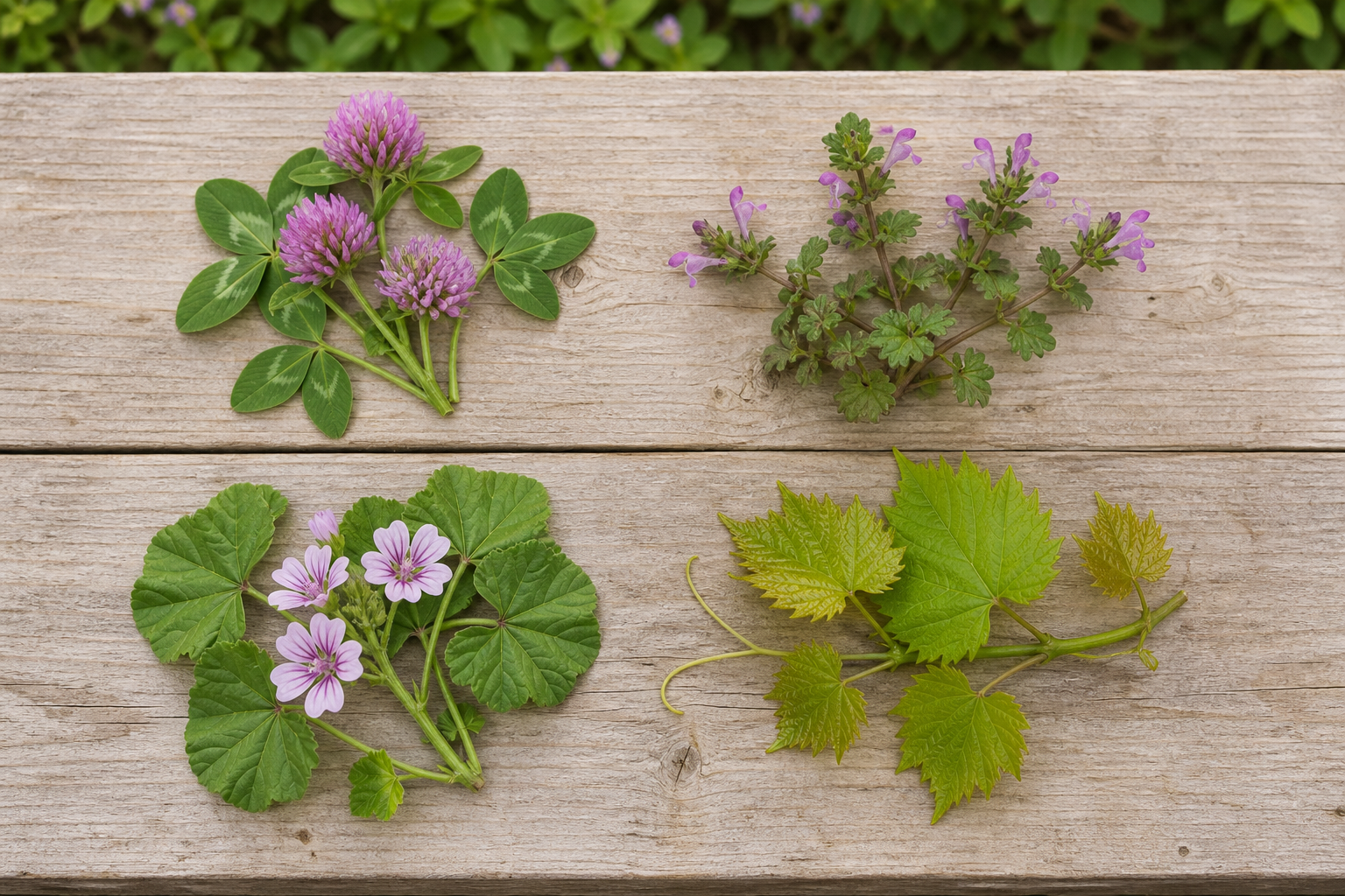 Red clover henbit common mallow and young wild grape leaves arranged for identification