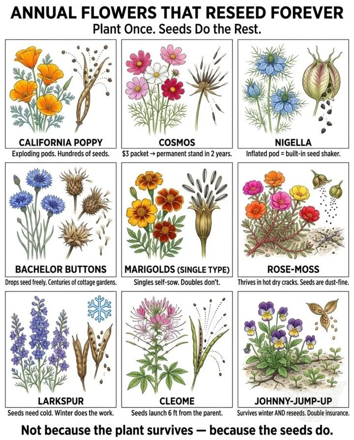 Self-Seeding Annual Flowers That Return Each Spring 1 Colorful self-seeding flowers blooming in a spring garden