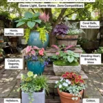 Various shade plants growing in planters with differing water needs.