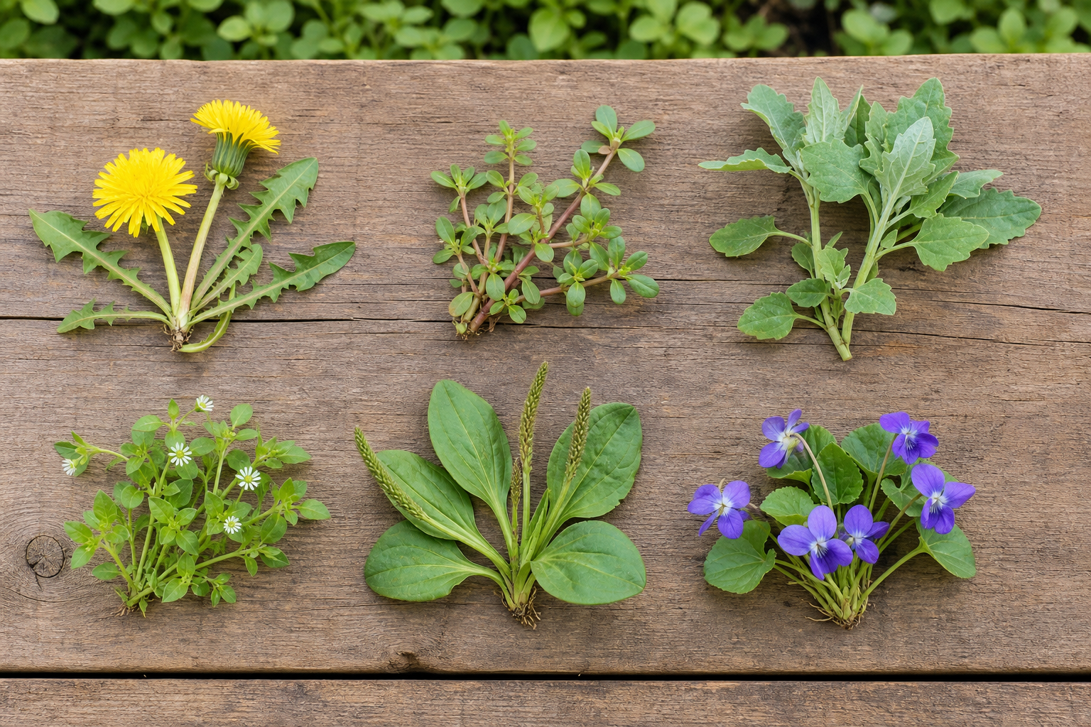 Six common edible lawn weeds arranged for identification