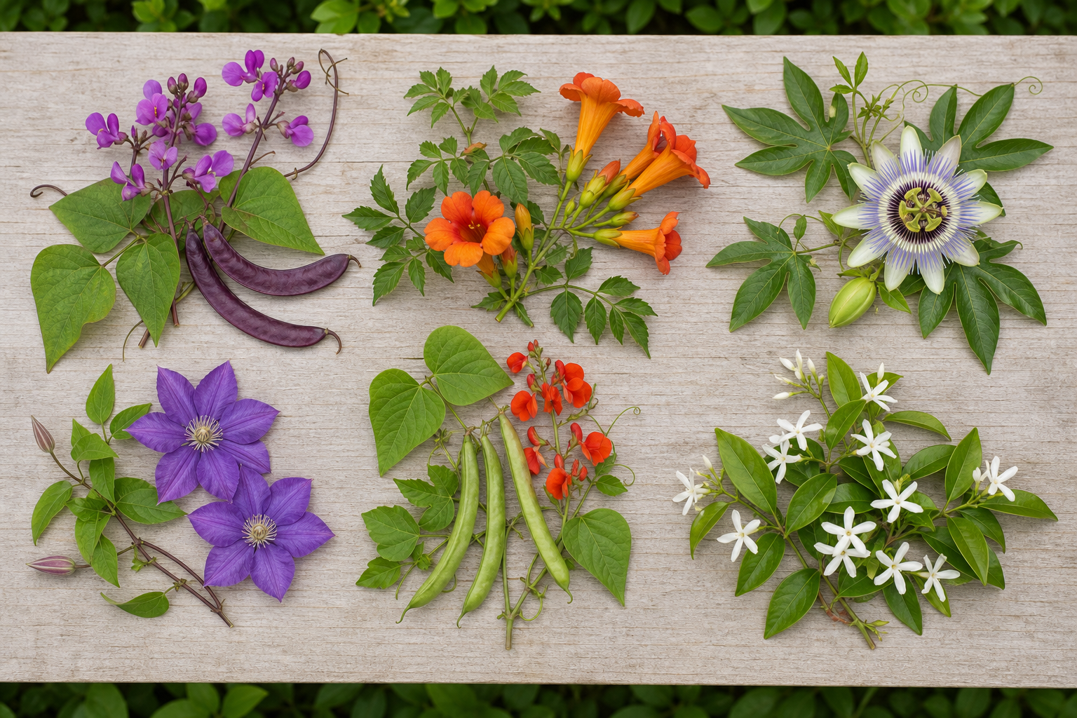 Hyacinth bean vine trumpet vine passion flower clematis scarlet runner bean and star jasmine arranged for identification