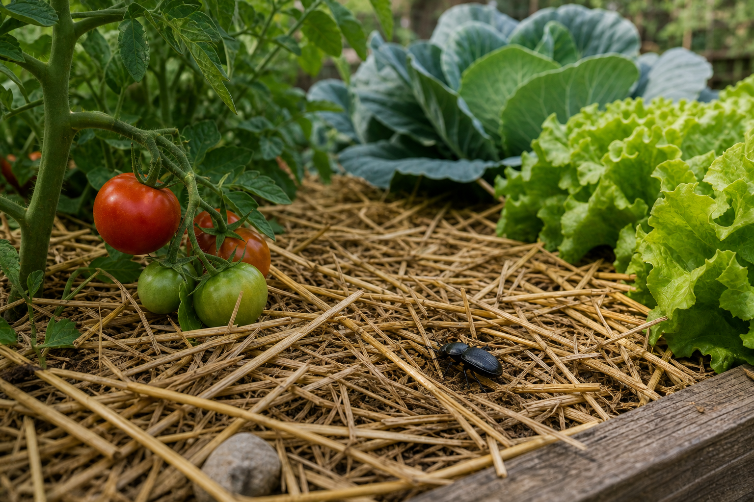 Straw mulch habitat for ground beetles between tomatoes cabbage and lettuce