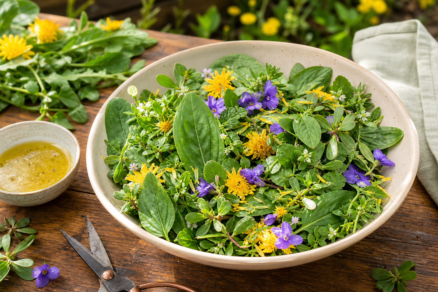 Fresh lawn to table salad with edible greens and violet flowers
